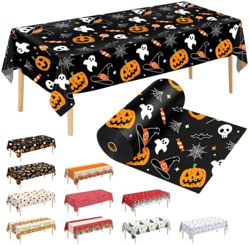 54 Inch X 300 Feet Plastic Table Cover Roll Disposable Halloween Tablecloth Pumpkin Ghost Plastic Table Covers for Halloween Party Decorations (Pumpkin Ghost, 300 Feet) by JHDZDHY