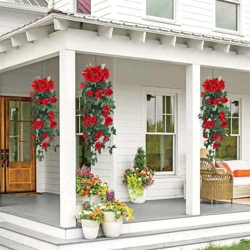 RECUTMS 4PCS Artificial Red Rose Garland Fake Hanging Flowers for Outdoors - Image 5