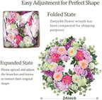 24 Inch Dahlia & Hydrangea Wreath Artificial Spring Wreath for Front Door Floral Wreat with Hyacinth Daisy Eucalyptus Ivy Indoor Outdoor Farmhouse Home Decor for Valentine’s Day Easter Summer - Image 3