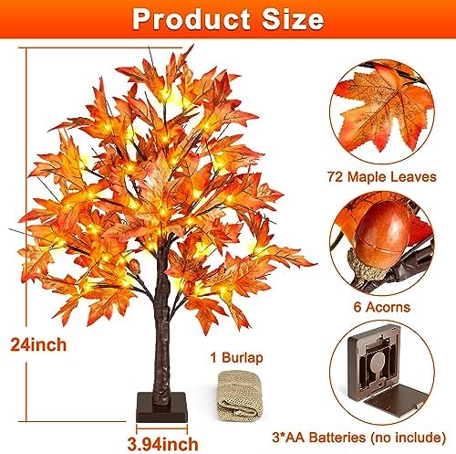 2 Pack 24 Inch Fall Lighted Maple Tree with 72 LEDs, 144 Leaves, 12 Acorns, Timer Battery Operated, 2Ft Thanksgiving Decorations Table Lights Tree for Autumn Wedding Party Gift Indoor Harvest Home - Image 3