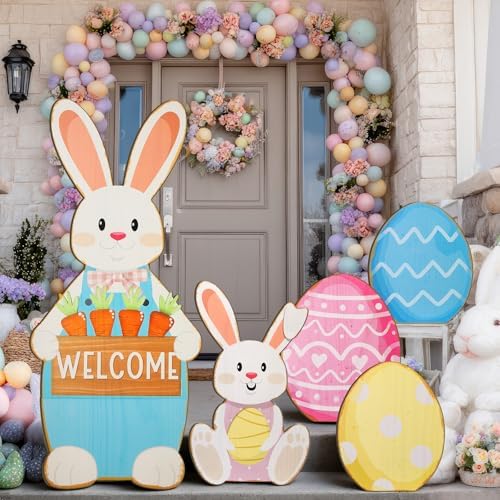 Breezehug 5 Pack Easter Giant Wooden Porch Yard Decorations, 37'' Bunny & Colorful Egg Outdoor Signs with Stands, Welcome Decor for Front Door, Garden, Farmhouse, Spring & Easter by Unknown