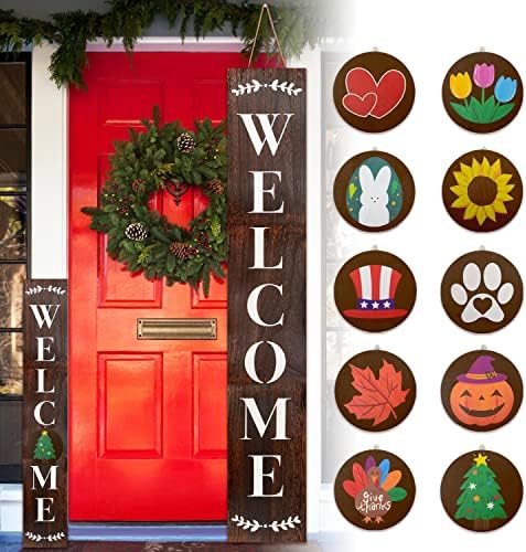 Monjita Welcome Sign for Front Porch Standing, Interchangeable Welcome Standing Sign with 5 Designed DoubleSided Icons for Front Door, All Seasonal Farmhouse Rustic Modern Porch Decor for Fall - Image 4