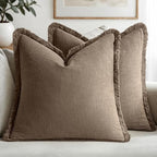MIULEE Linen Fringe Decorative Fall Euro Pillow Covers Cocoa Brown 24x24 by MIULEE