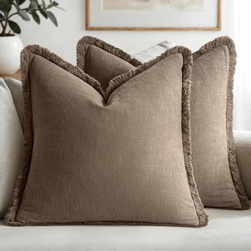 MIULEE Linen Fringe Decorative Fall Euro Pillow Covers Cocoa Brown 24x24 by MIULEE