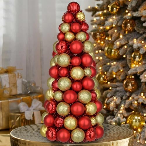16" Tabletop Christmas Tree Small Red Gold Christmas Tree Decorations with 94 Shatterproof Ornaments Balls Christmas Centerpiece Mini Cone Xmas Tree for Holiday Party Wedding Table Desk Mantel Decor - Image 4