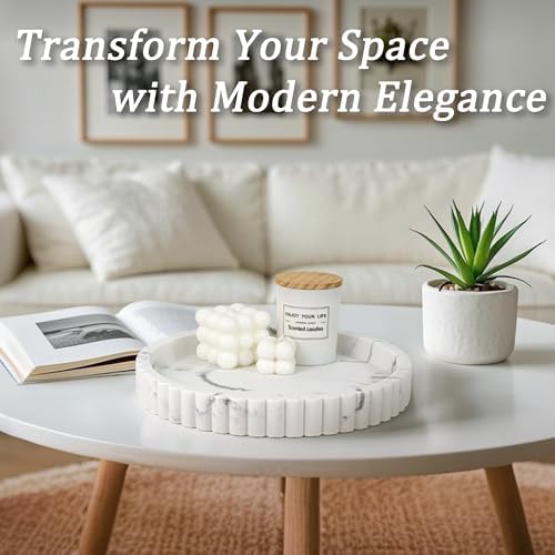 Round Decorative Tray for Coffee Table Decor, Tray Decor 11" Marble White - Image 2