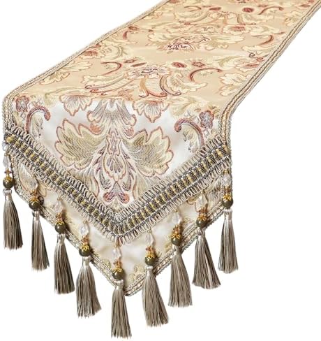 kilofly Elegant Floral Brocade Jacquard Table Runner Tassels (60 x 12 inches) by kilofly
