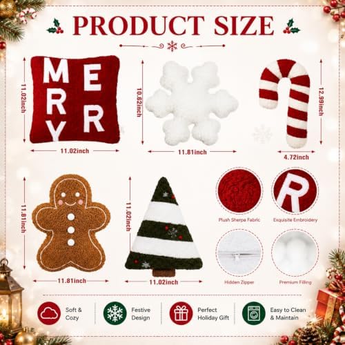 Geelin 5 Pcs Christmas Throw Pillows Gingerbread Xmas Tree Snowflake Candy - Image 3