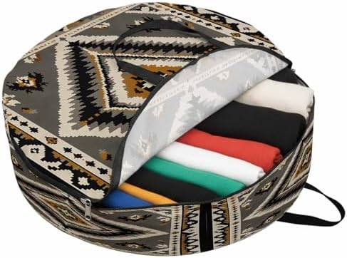 Retro Pattern Round Storage Bag 24 Inch, Brown Black Ethnic Style Weaving Texture Clothes Storage Container with Handles Heavy Duty Organizer for Comforter, Bedding & Holiday Wreaths by Unknown
