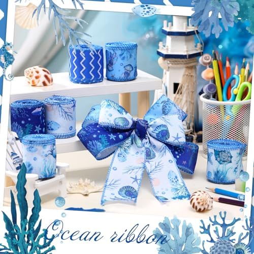 10 Rolls Summer Sea Animals Ribbons 6 Rolls 2.5" x 5 Yards Ocean Wired Edge Fabric Ribbons and 4 Rolls 10" x 10 Yards Mesh Ribbon Rolls for Wreath Craft Gift Wrapping Under the Sea Party Decoration - Image 4