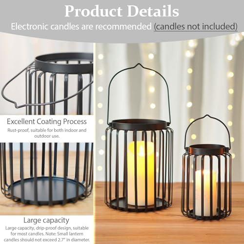 Farmhouse Lantern Decor Set of 2 - 9.5" & 14.2" Metal Candle Holders, Rustic Modern Vintage Style for Indoor Outdoor, Porch Patio Fireplace Mantle Wedding Decor (Black) - Image 3