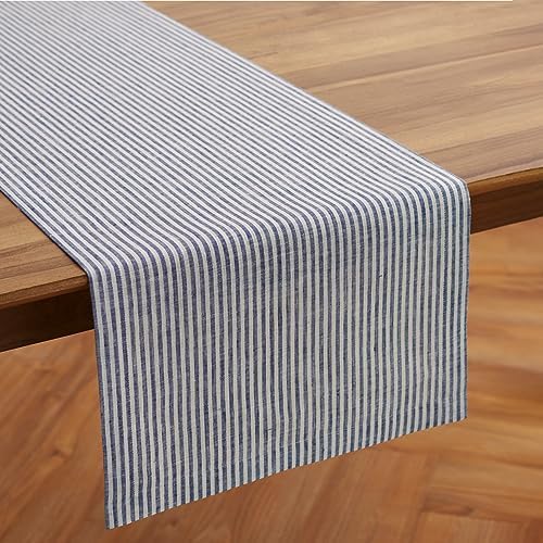 Solino Home 100% Pure Linen Table Runner, 14 x 120 in, Navy, Narrow Stripe - Image 3