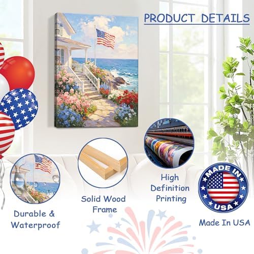 Patriotic Coastal Canvas Wall Art 4th of July American Flag Seaside Cottage Oil Painting USA Flag Ocean Floral Pathway Wall Decor Independence Day Beach House Home Decor 16x20in - Image 4