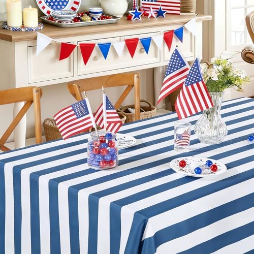 Fanqisi 2 Packs Navy Blue and White Striped Tablecloth 57 x 84 Inch Waterproof Patriotic Table Cloth Rectangle Table Cover for Birthday Baby Shower Wedding Outdoor Summer Party Decoration - Image 2