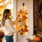 Rustic Harvest Wooden Door Hanger, Pumpkin Maple Fall Bowknot Wall Hanging Sign with Light Autumn Wreath Decorations, Wreath Farmhouse Porch Front Door Home Gift (Orange#3) - Image 4