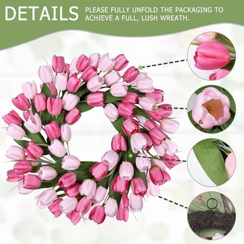 24 Inch Tulip Summer Wreath for Front Door Spring Silk Wreath with Green Leaves Artificial Tulip Flower Wreaths for All Seasons Farmhouse Porch Wall Living Room Home Widding Decor - Image 3