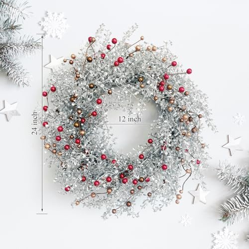 Winter Front Door Wreath 24 Inch Metallic Silver Boxwood - Image 2