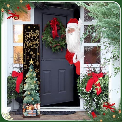 42 H Christmas Wooden Porch Decor Sign Merry Christmas Tree Welcome Porch Signs for Front Door Xmas Vertical Standing Signs for Xmas Garden Home Front Door Yard Decor - Image 4