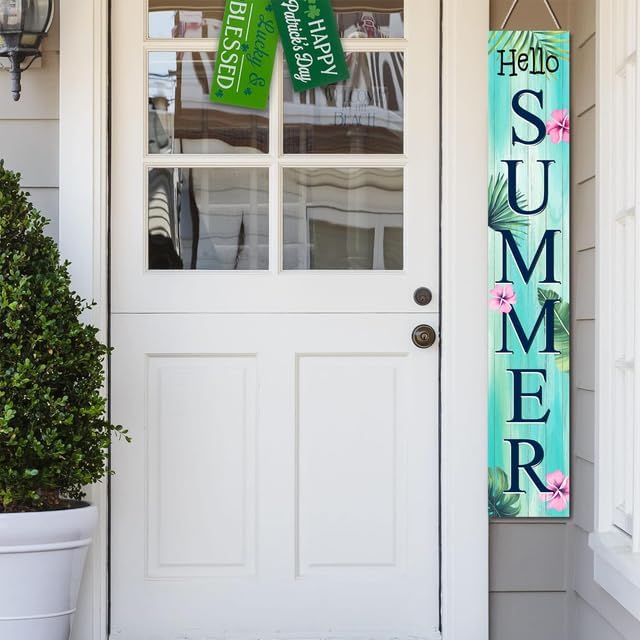 Hello Summer Tropical Plants Porch Board Welcome Solid Wood Sign and Porch Leaner for Front Door Porch Deck Patio or Wall Farmhouse Rustic Vertical Porch and Yard Decor 8”x48” - Image 5