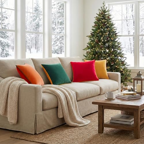Mecatny Velvet Decorative Throw Pillow Covers 20x20 Set of 4 Green/Red - Image 4