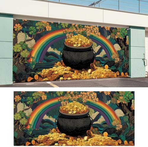 ANNA QUEEN St Patrick’s Day Garage Door Banner 6x13FT, Rainbow and Pot of Gold Garage Door Cover, Large Outdoor Irish Shamrock Decoration Backdrop for Double Garage Doors, Garden Fence & Party Photo Booth - Image 6