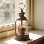 14" Twakutwaku Verstile Farmhouse Metal Hurricane Lantern in Rustic Brown, Glass Candlestick Holder, Decorative Pillar Candle Holder, Glass Dome Cloche Display (Rustic Brown, Medium) - Image 5