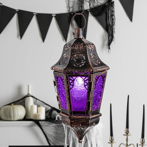 NEEDOMO Halloween Decorative Indoor Hanging Moroccan Lantern, 13.5'' Vintage Metal Candle Holder with 14.8" Chain, Ramadan Lanterns Decorative Indoor Outdoor for Home, Table, Patio, Porch (Purple) - Image 6