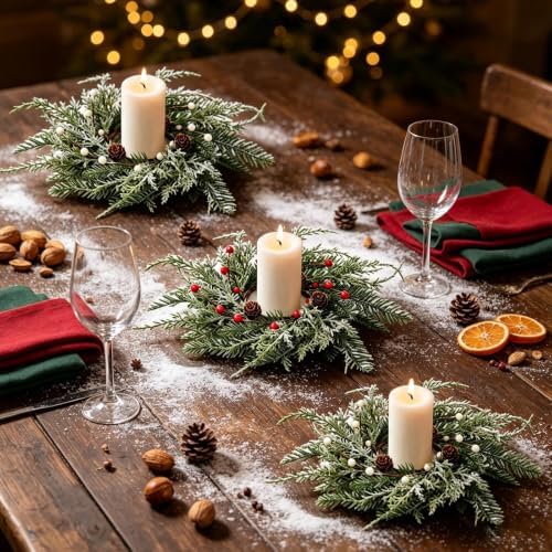 6 PCS Christmas Wreath Candle Rings Mini Wreath Pine Garland Artificial Frosted Cedar and Pine Cone Candle Rings Holder for Christmas Wedding Home Table Centerpiece Door Window Chair Wall - Image 5