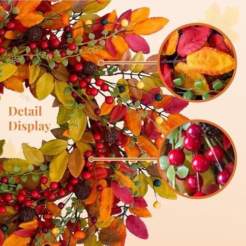 22 Inch Berry Branches Fall Wreath for Front Door Outside with Red Berries - Image 2
