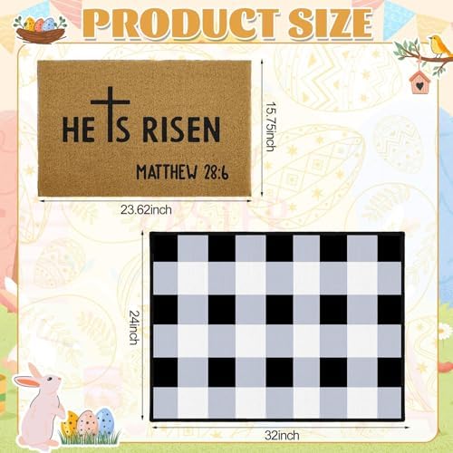 2 Pcs Easter Doormats, He is Risen Door Mat, Easter Bible Verse Non Slip Coir Mats, Black and White Check Rug, Layering Doormats Seasonal for Indoor Outdoor Home Porch Entry Decor 24" x 32" - Image 3
