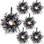 6 Pcs Small Halloween Hanging Wreaths with Black Foliage Purple Berries Orange Mini Pumpkins Purple Flowers Decor Balls Black Sheer Ribbon Gothic Mini Cabinet Wreath for Halloween Party Decor by Unknown