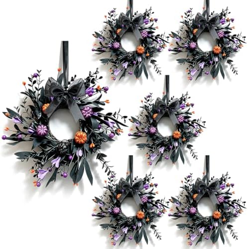 6 Pcs Small Halloween Hanging Wreaths with Black Foliage Purple Berries Orange Mini Pumpkins Purple Flowers Decor Balls Black Sheer Ribbon Gothic Mini Cabinet Wreath for Halloween Party Decor by Unknown