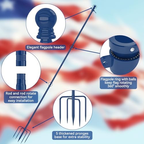 ZMTECH 12 FT Heavy Duty Flag Pole with Solar Light & 5 Pronges Base in Ground for Yard, Tangle Free Spinning Stainless Steel,Windproof, Fit for 2 Flags, 1 Pack, Blue - Image 5