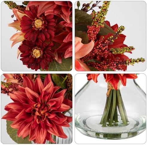Briful Faux Fall Flowers in Vase, Artificial Dahlia & Mum Silk Floral Arrangement with Clear Glass Vase Fake Autumn Flowers Bouquet for Home Office Dining Room Table Centerpiece Decoration - Image 3