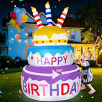 B&D 6FT Happy Birthday Cake Inflatable with 180° Rotation, 3-Color Yellow Blue Purple Tiered Cake with Sparkling LED Lights, Blow Up Outdoor Indoor Decoration for Lawn Yard & Party by BD