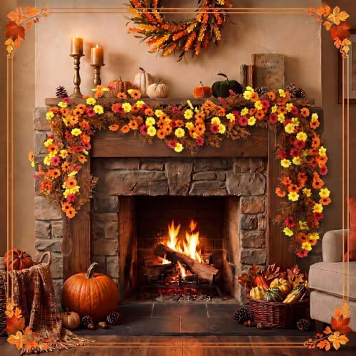 Riceshoot 6Ft Fall Garland for Mantle, Autumn Artificial Garland - Image 5