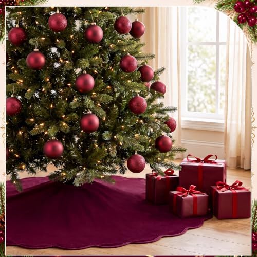 RoundFunny Burgundy Christmas Tree Skirt Velvet Tree Skirts, 60 Inch - Image 6