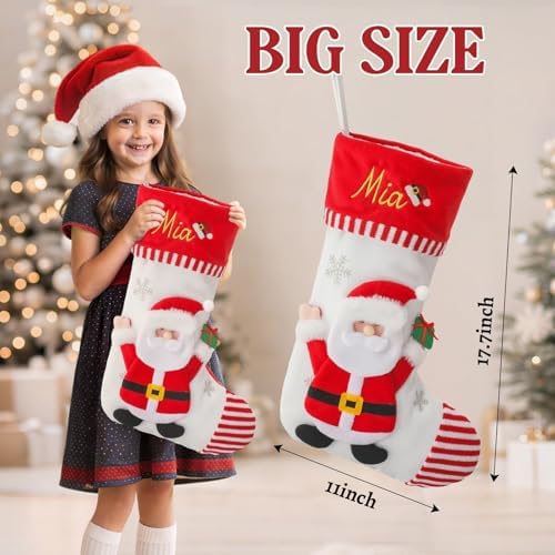 Personalized Christmas Stockings with Embroidered Name & Monogram,Custom 3D Xmas Character Stocking 5 Pack 18” Large,Santa,Snowman & Reindeer Fireplace Hanging Red Burlap Plaid Stockings(A) - Image 3