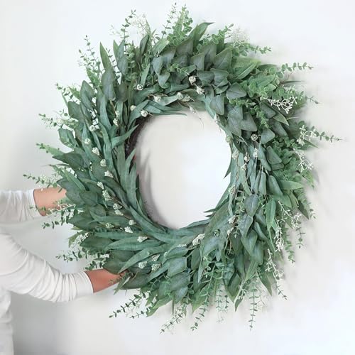 32" Large Artificial Eucalyptus Wreath with Seeds for Front Door(Green) - Image 5
