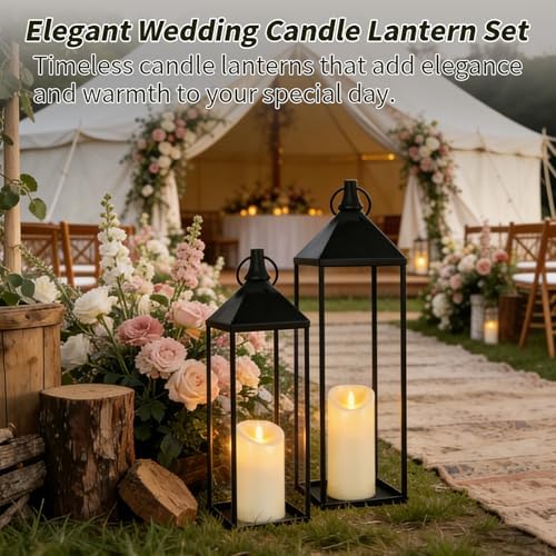 22" 19" Modern Farmhouse Candle Lantern Decor Set of 2 Large Black Metal Candle Lanterns with Flameless Candles, Lanterns Decorative Indoor for Fireplace Mantle Table Outdoor Lanterns for Patio Porch - Image 7
