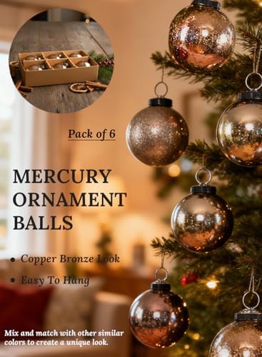 Serene Spaces Living Set of 6 Copper Bronze Mercury Glass Christmas Ball Ornament for Window Box, Decorative Ornaments for Holiday Décor, Measure 4" Tall and 3" Diameter - Image 6
