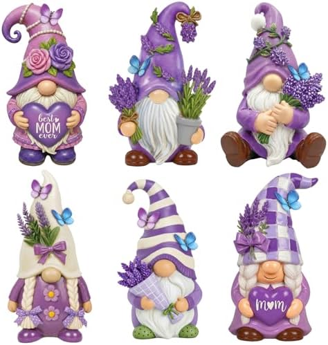 Simgoing 6 Pcs Purple Lavender Gnomes Mother's Figurines Lavender Gnomes with Best Mom Ever, Mom Resin Statues Table Decor for Mum Grandma Birthday Party Tabletop Home Centerpieces Tiered Tray Decor by Simgoing