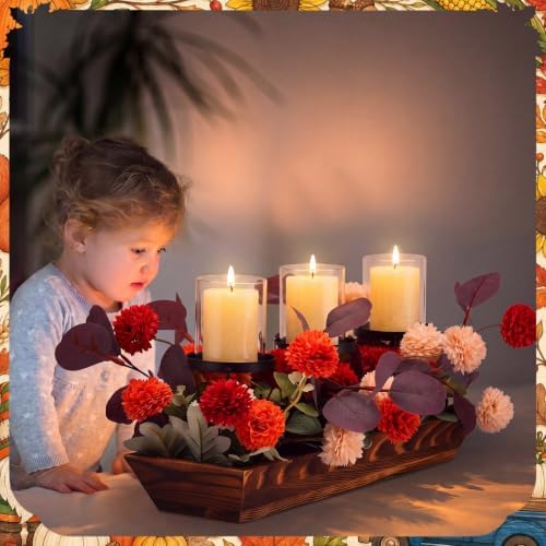 Fall Table Centerpiece Fall Thanksgiving Candle Holder with 3 Candle Holders and 3 Glass Cups, Artificial Chrysanthemum and Eucalyptus Leaves Harvest Table Centerpiece - Image 4