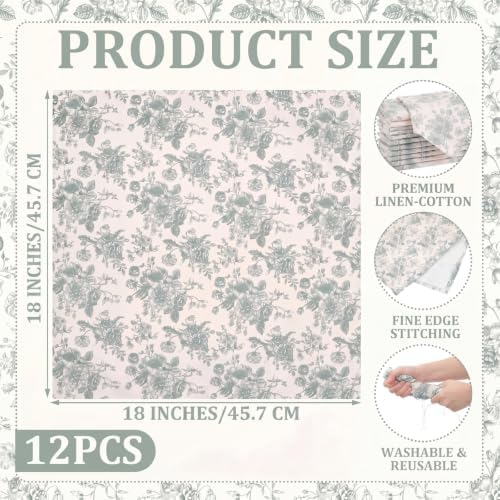 Mindsoft Sage Green Floral Linen Napkins (Set of 12) -18x18 Inch Linen Dinner Napkins - Reusable Washable Cottagecore Decor for Weddings & Parties - Image 2