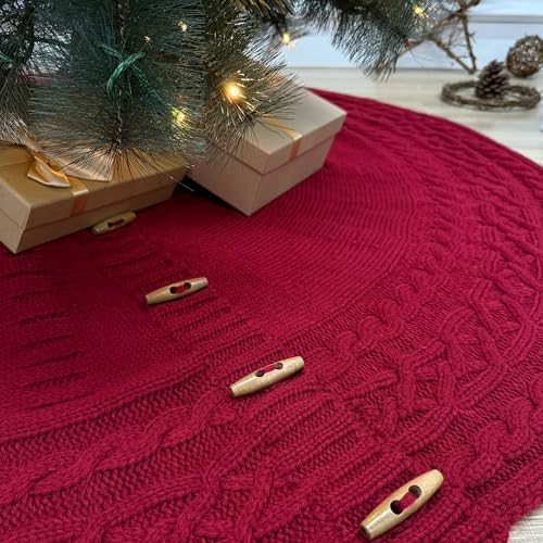 48-Inch Cable Sweater Knit Christmas Tree Skirt with Wooden Toggles, Burgundy - Image 4