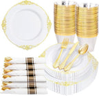 Nervure 175Pcs Gold Plastic Plates, Disposable Dinnerware Set for 25 Guests by Nervure