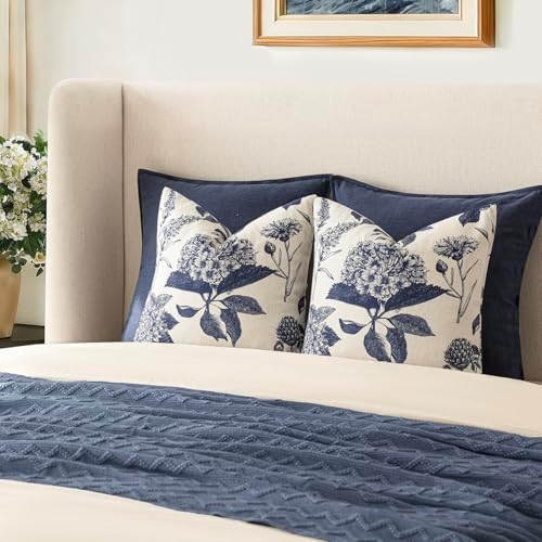 Foindtower Set of 2 Linen Floral Vintage Throw Pillow Covers Neutral Accent Print Decorative Cozy Cushion Covers Farmhouse Boho Home Decor for Sofa Chair Couch Bed Living Room,20×20 Inch,Navy Blue - Image 7