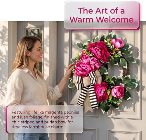 vofuly Spring Summer Wreath for Front Door,hot Pink Peony Wreath with Bow - Image 7
