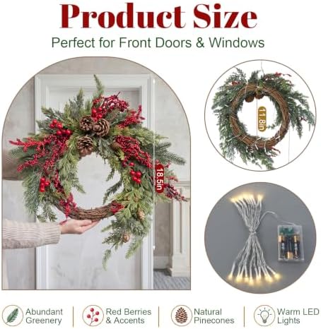 Yinder 20 Inch Christmas Wreath with LED Lights Red Berry Rattan - Image 2