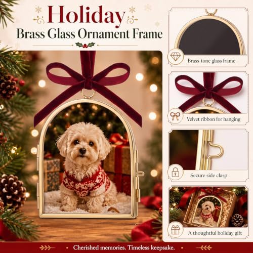 Qunclay 6 Pcs 2.5 x 3.5 Christmas Brass Picture Frame Ornaments Arch Xmas Metal Double Glass Hanging Photo Frame with Burgundy Velvet Ribbon for Christmas Tree Decorations(Gold Burgundy, Arch) - Image 3